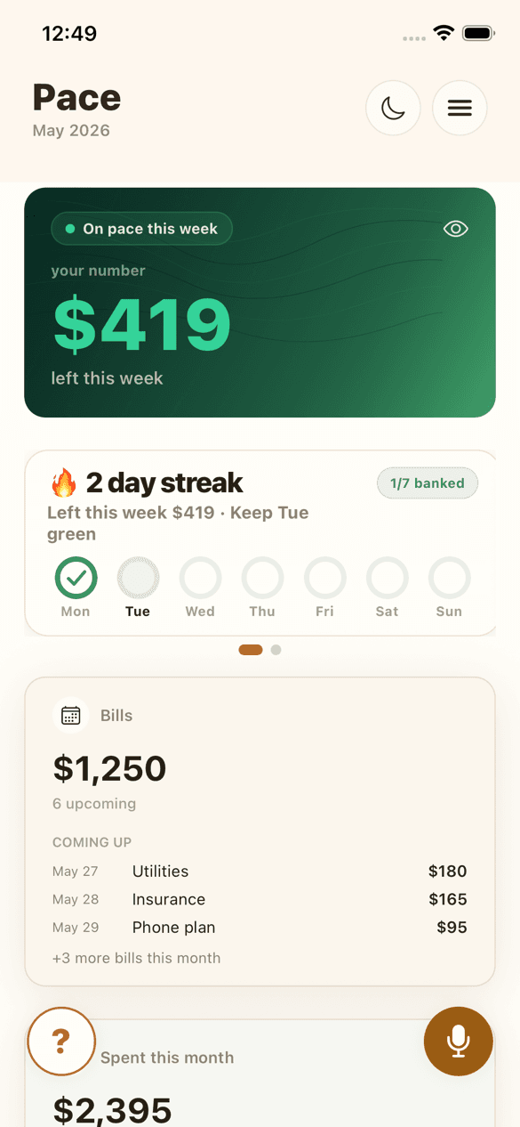 Pace home screen showing the weekly number above the bills coming up