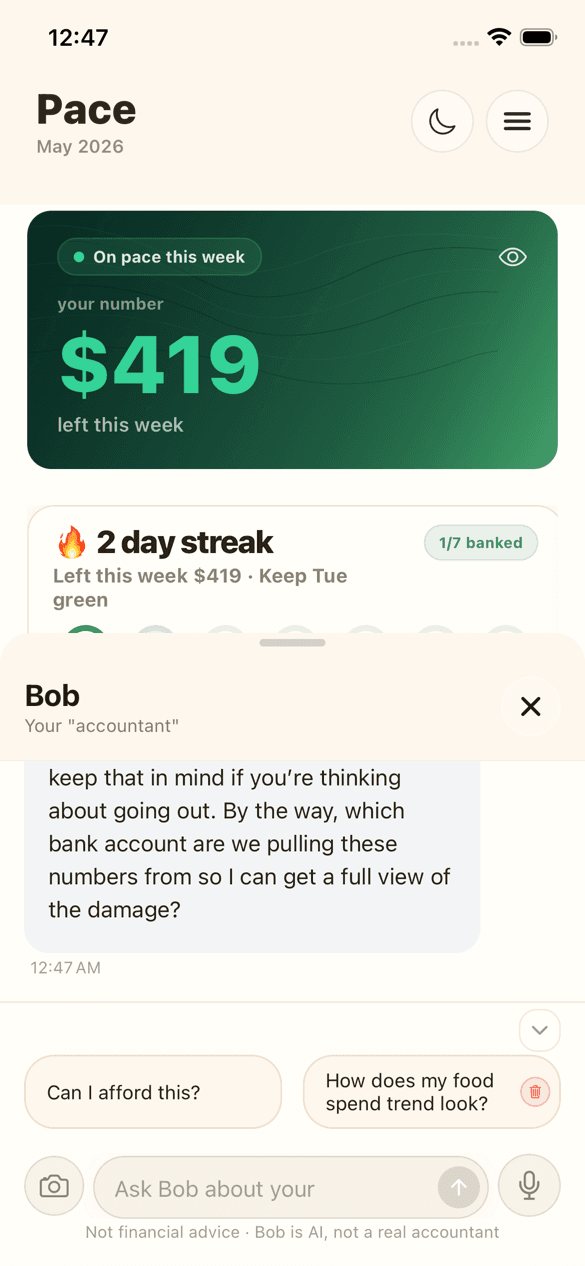Pace chat with Bob explaining a weekly spending number